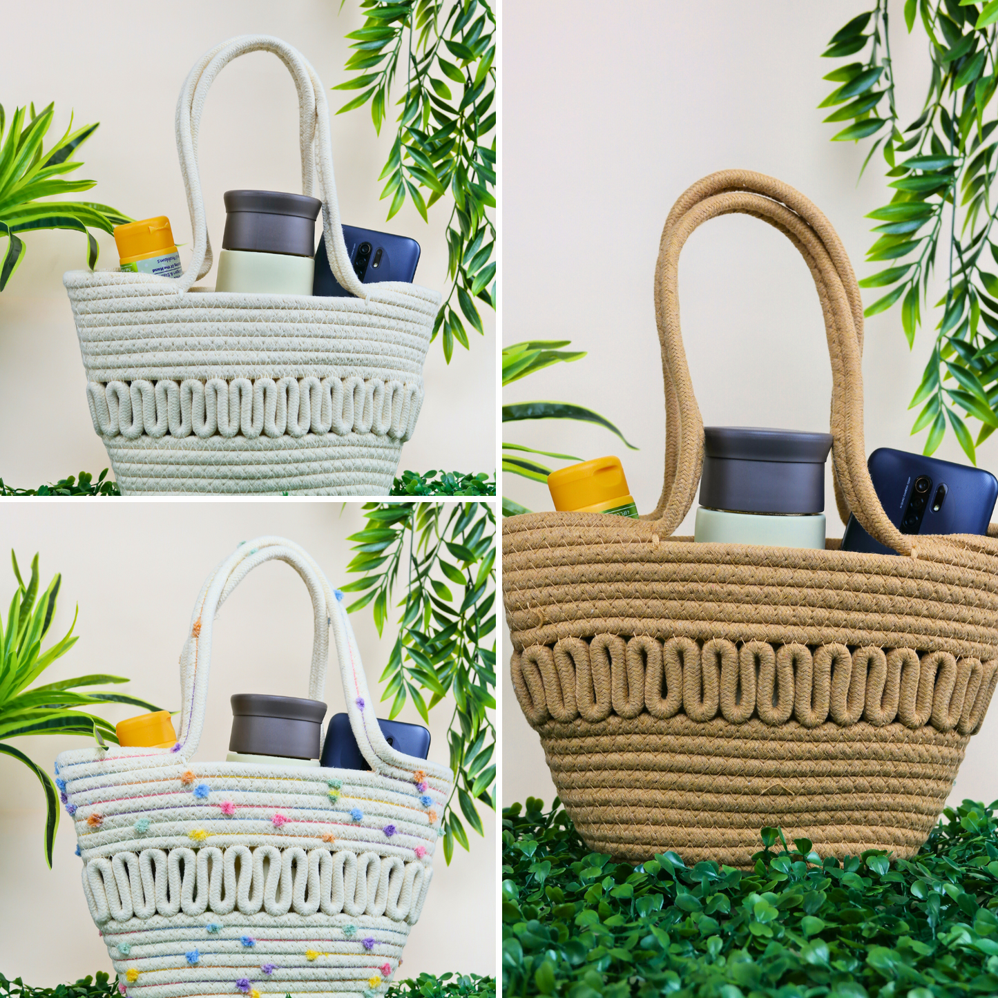 Bolso De Playero Casual Tejido Yute Algodón Beige Puntos