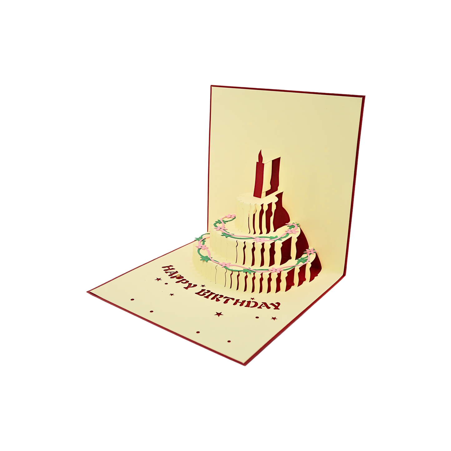 Tarjeta Plegable Pastel de Cumpleaños con Efecto 3D Rojo