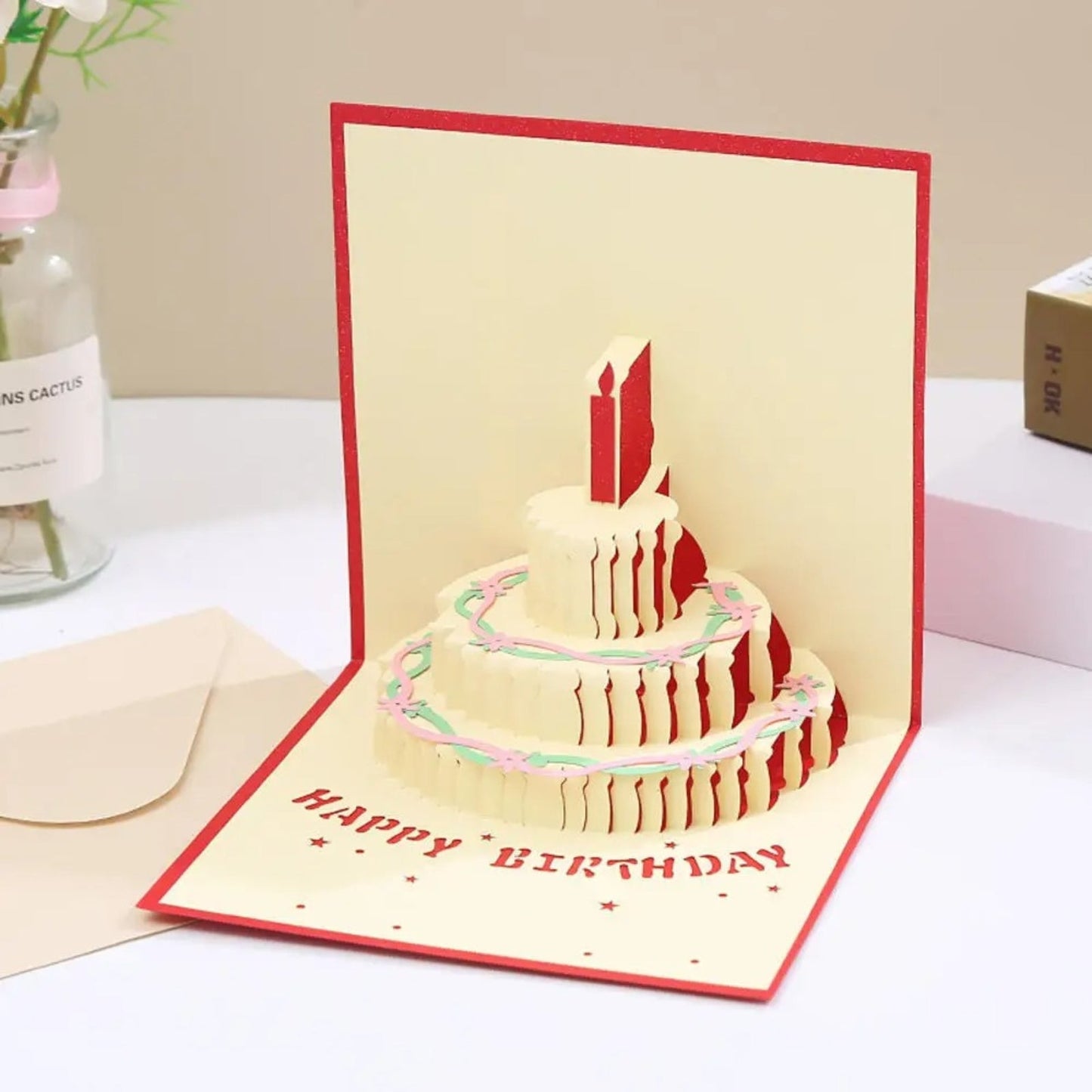 Tarjeta Plegable Pastel de Cumpleaños con Efecto 3D Rojo (Con Luz y Música)