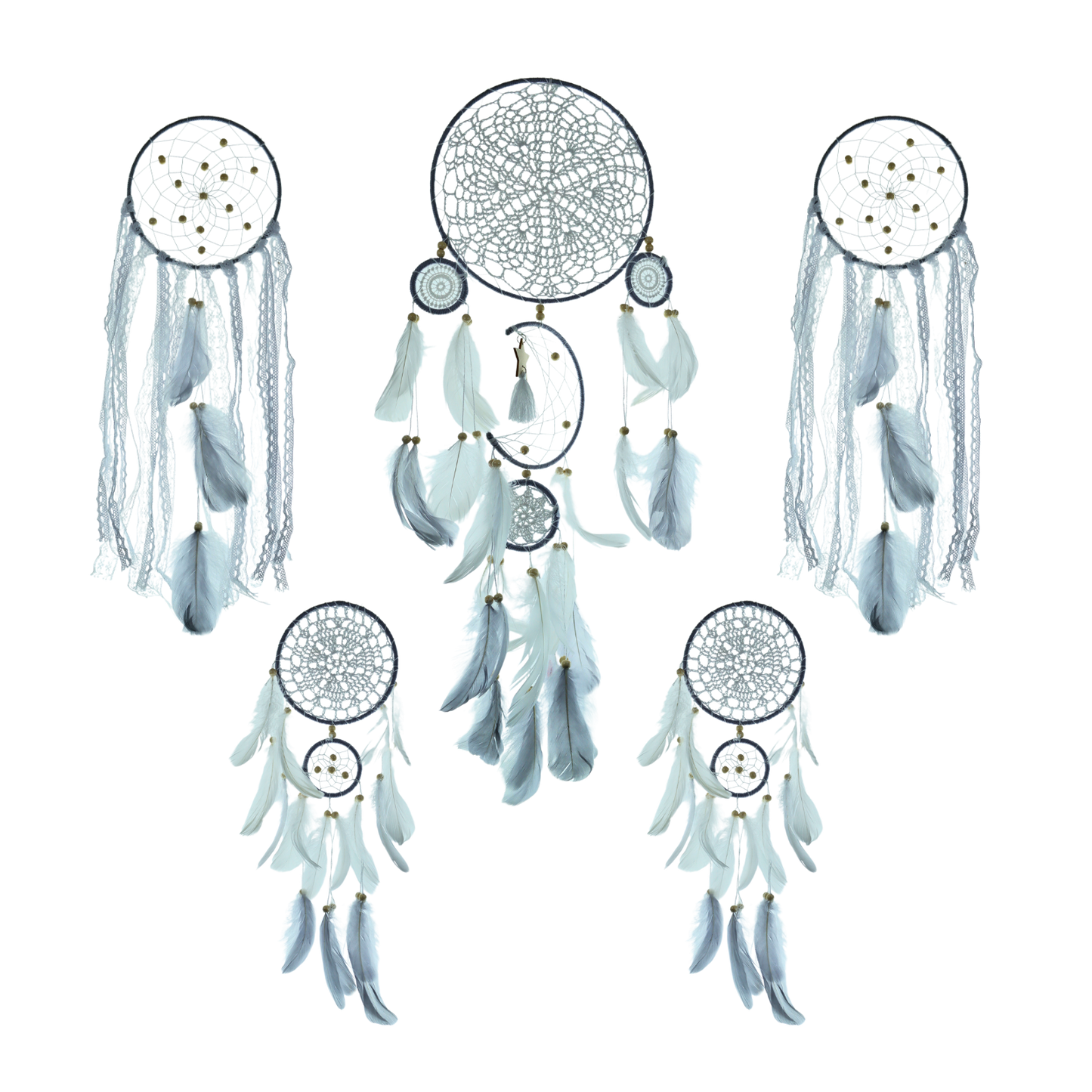 Atrapasueños Colgante Con Plumas 5 Unidades Color Gris