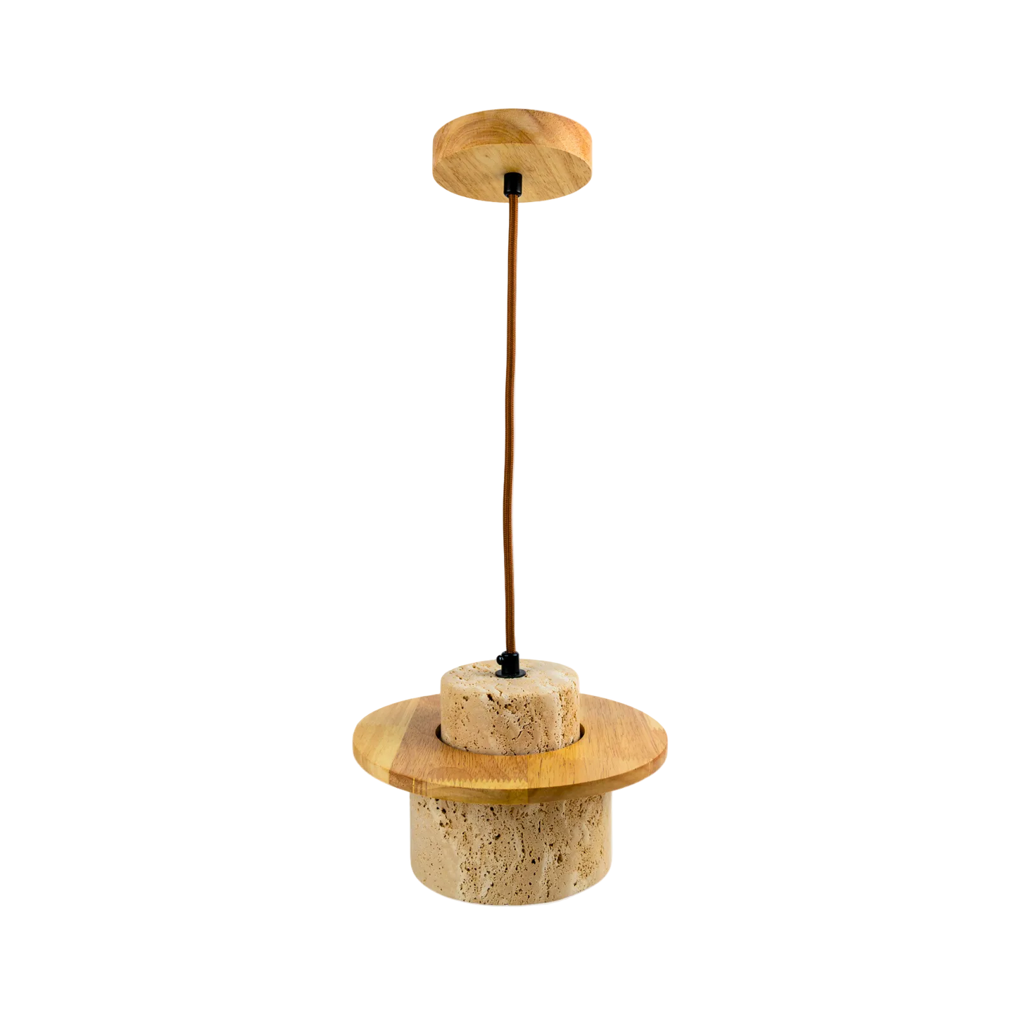 Lámpara Colgante Japonesa de Piedra Travertino y Madera Beige