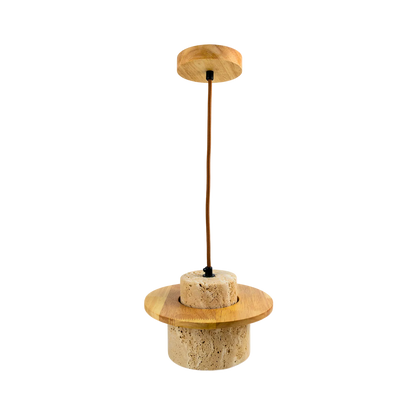 Lámpara Colgante Japonesa de Piedra Travertino y Madera Beige