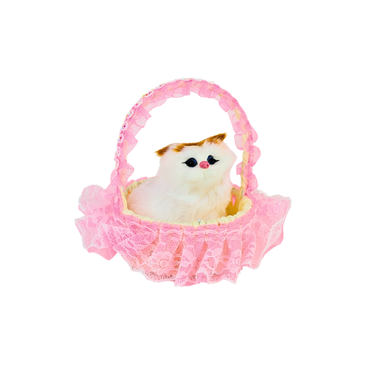 Gato Maullador Decorativo En Cesta Rosado