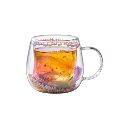 Taza de Vidrio Doble Pared Plumas Rosado 200ml