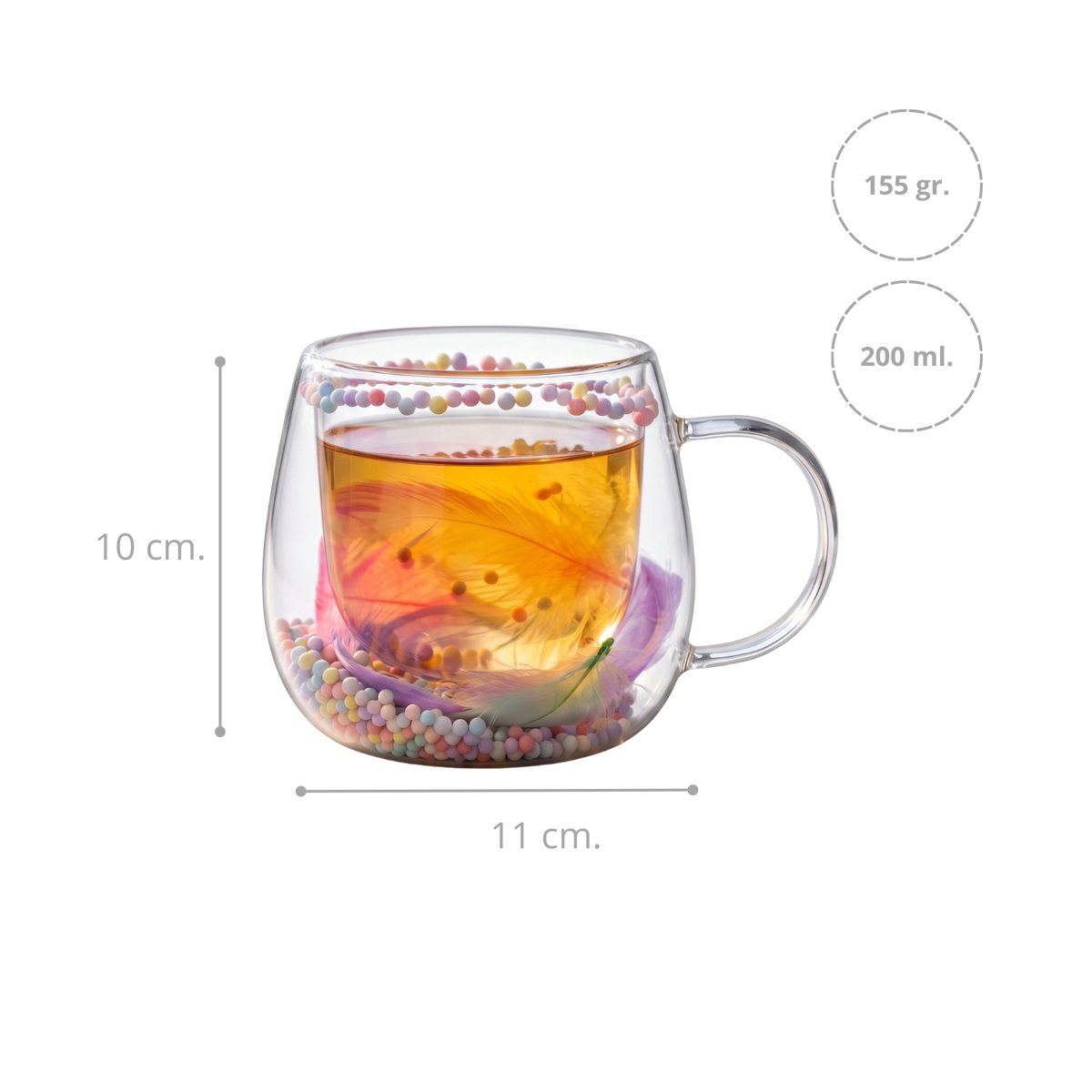 Taza de Vidrio Doble Pared Plumas Rosado 200ml