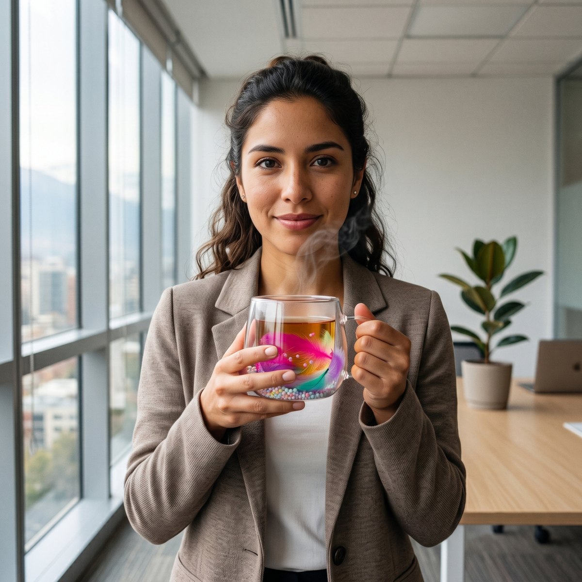 Taza de Vidrio Doble Pared Plumas Rosado 200ml