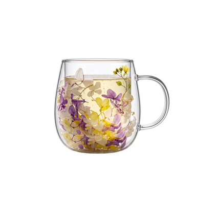 Taza de Vidrio Flores Eternas Amarilla Lila 200 ml