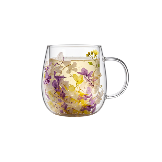 Taza de Vidrio Flores Eternas Amarilla Lila 200 ml
