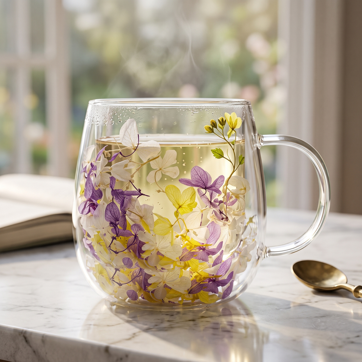 Taza de Vidrio Flores Eternas Amarilla Lila 200 ml